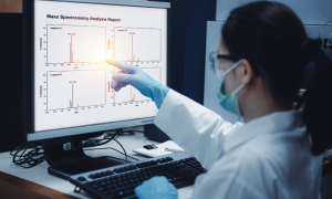 Scientist reviewing mass spectrometry data to identify trace impurity